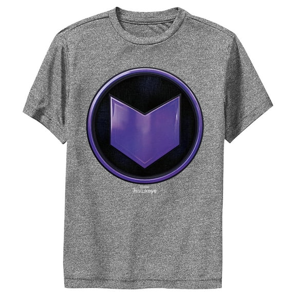 Boy's Marvel Hawkeye Purple Arrow Icon  Performance Graphic Tee Charcoal Heather X Large