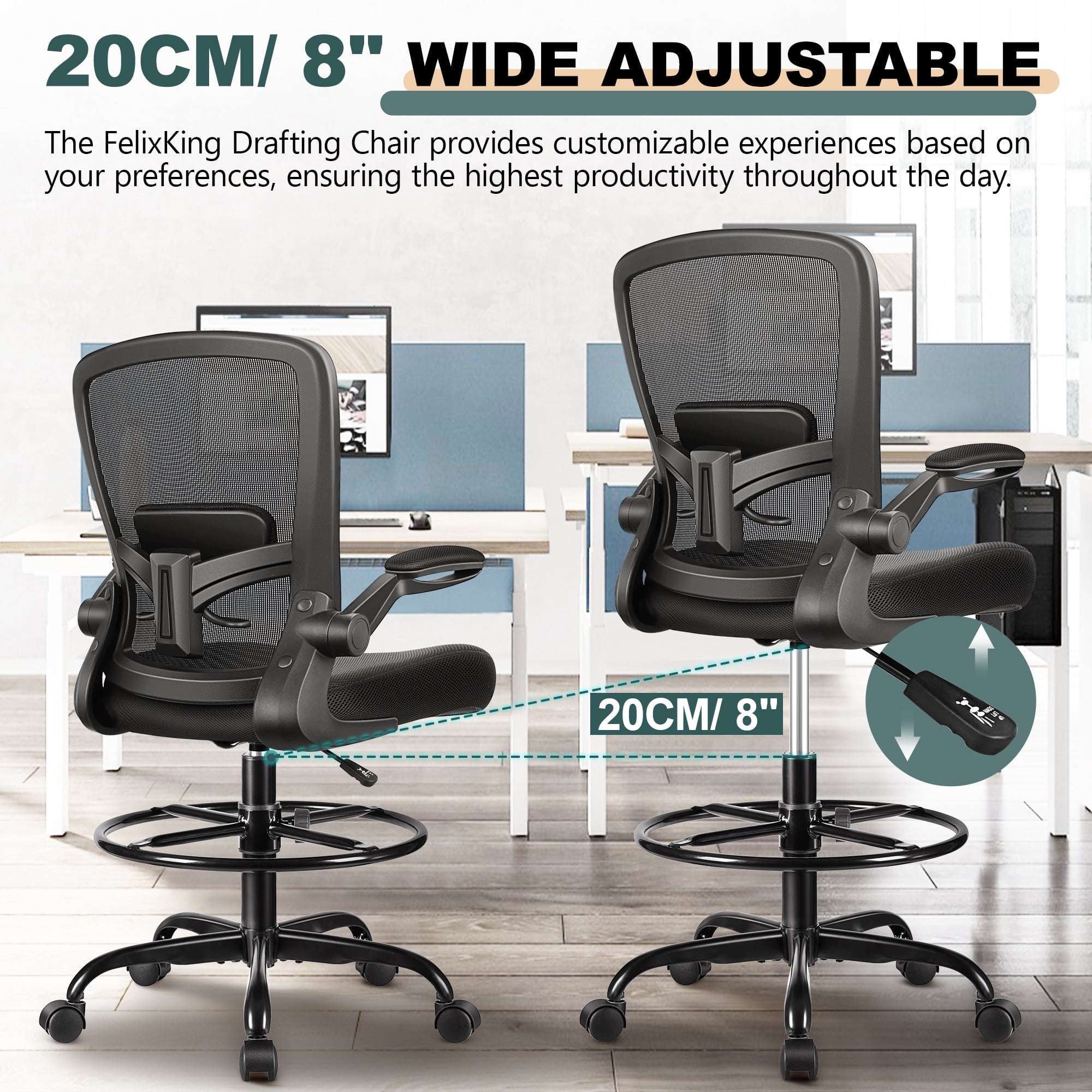 COOLHUT Home Office Chair with Flip-up Armrests for Standing Desk, Ergonomic Computer Office Desk Chair with Adjustable Foot Ring, Office Desk Chairs with Adjustab Lumbar Support for Workplanc, Black