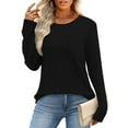 thumbnail image 6 of qolati Long Sleeve Shirts for Women Waffle Knitted Crewneck Basic Tee Tunic Tops Fall Casual Loose Fit T Shirts Fashion Holiday Outfits Black M, 6 of 8