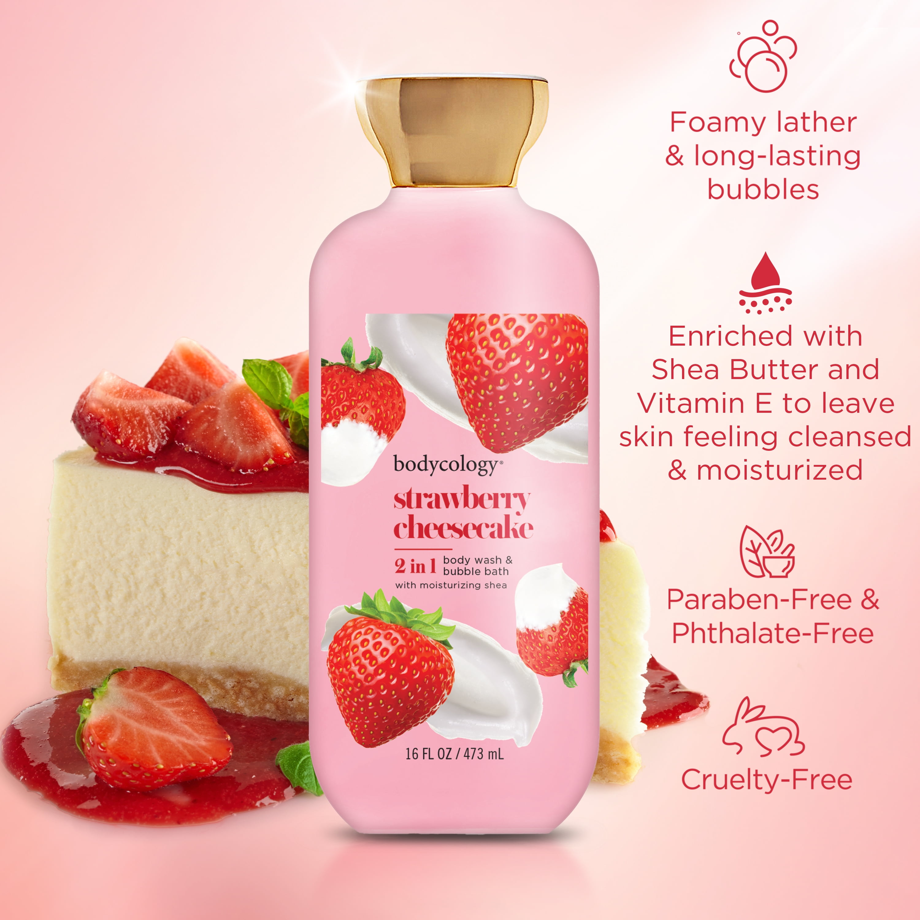 Bodycology Strawberry Cheesecake 2-in-1 Body Wash & Bubble Bath, 16 fl oz
