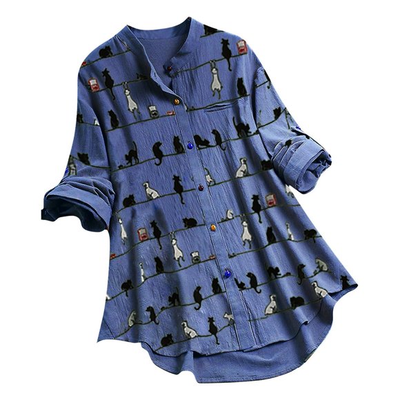 Blusa tipo camisa para mujer, casual, con estampado de gato, manga larga