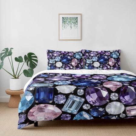 Dreamy Gemstone Ombre Purple California King Size Bed Set,Abstract Geometric Bedding for All Seasons,4 Pcs Bed Set with 1 Quiltcover (96"x104"),1 Sheet (110"x98"),2 Pillowcases (20"x36")