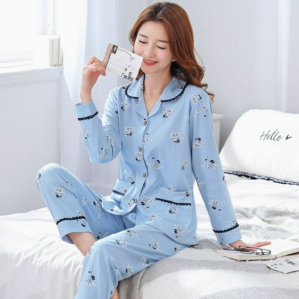 Traje De Algodón Puro Mujer Ropa De Hogar Suelta Talla Grande Primavera Otoño Verano Pijamas 100 % Manga Larga Señoras Confinamiento
