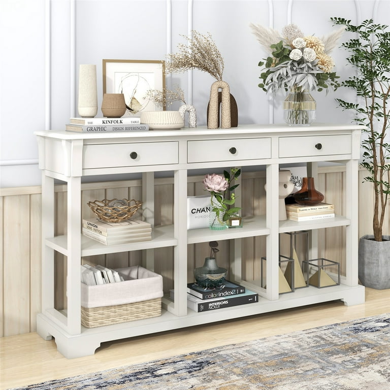 Console Table with 3 Drawers and 2 Tier Open Shelves Wooden