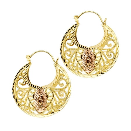 Gemapex 14k Yellow Rose Gold Guadalupe Basket Earrings Virgin Mary 14k Yellow Rose Gold Guadalupe Basket Earrings Virgin Mary Diamond Cut Fancy Two Tone 31 X