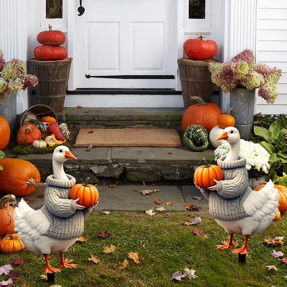 WTQVGQ Halloween Thanksgiving Goose Pumpkin Yard Stake, White Plastic Holiday Decor for Garden, Outdoor Party Display or Christmas Tree Topper