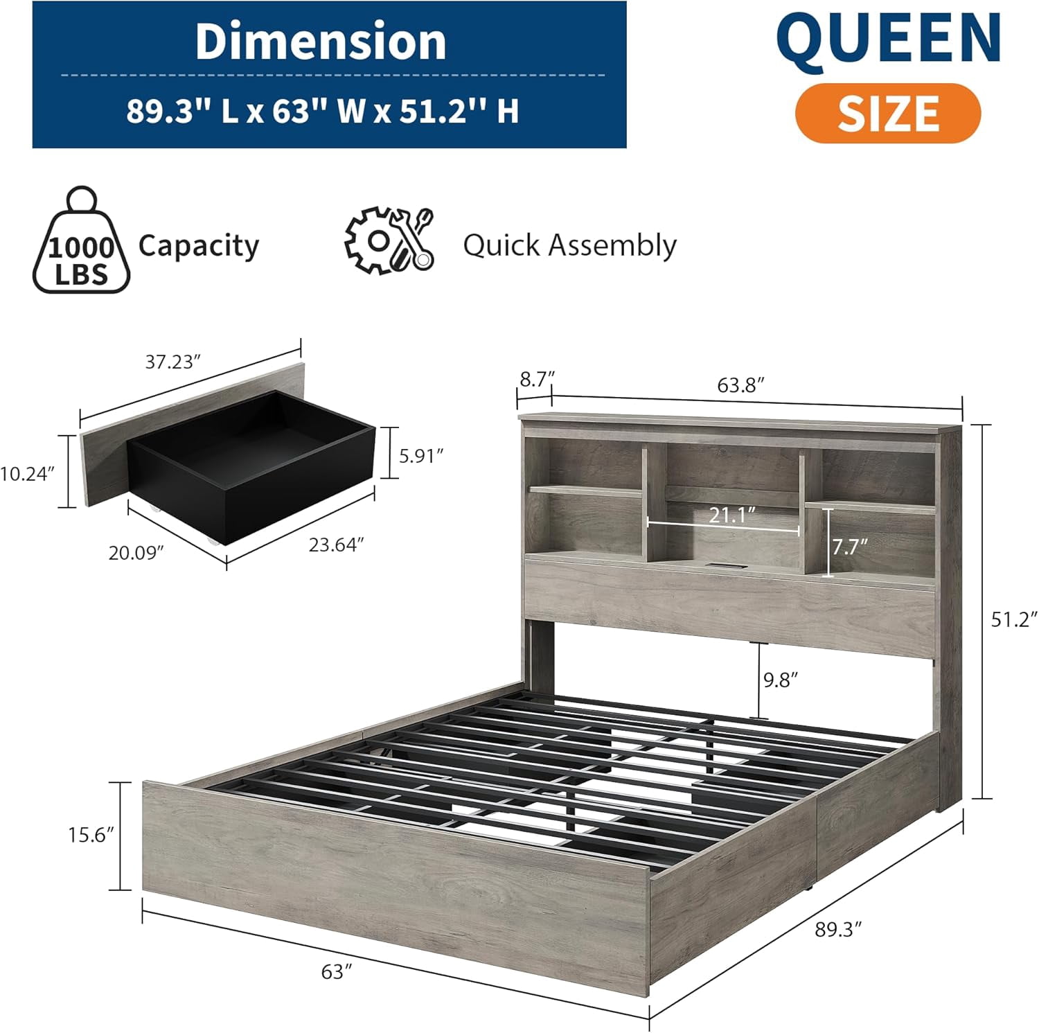 Queen Size Bed Frame with High Storage Bookcase Headboard, Wood Bed Frame with 4 Storage Drawers, Built in Charging Station, No Box Spring Needed, Metal Frame, Noise-Free, Grey