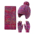 thumbnail image 2 of 3 Pcs Kids Winter Hat Scarf Gloves Set Knit Pompom Beanie with Earmuffs Double Layer Scarf Touchscreen Gloves Toddler Thick Thermal Sets Hot Pink 2-10 Years, 2 of 6