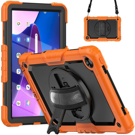 Dteck Screen Protector Case for Lenovo Tab M10 Plus (3rd Gen) 2022 10.6-inch TB-125F/TB-128F,Shockproof Rubber Armor 3-Layer Protection Case Stand Cover with Adjustable Shoulder/Hand Strap,Orange