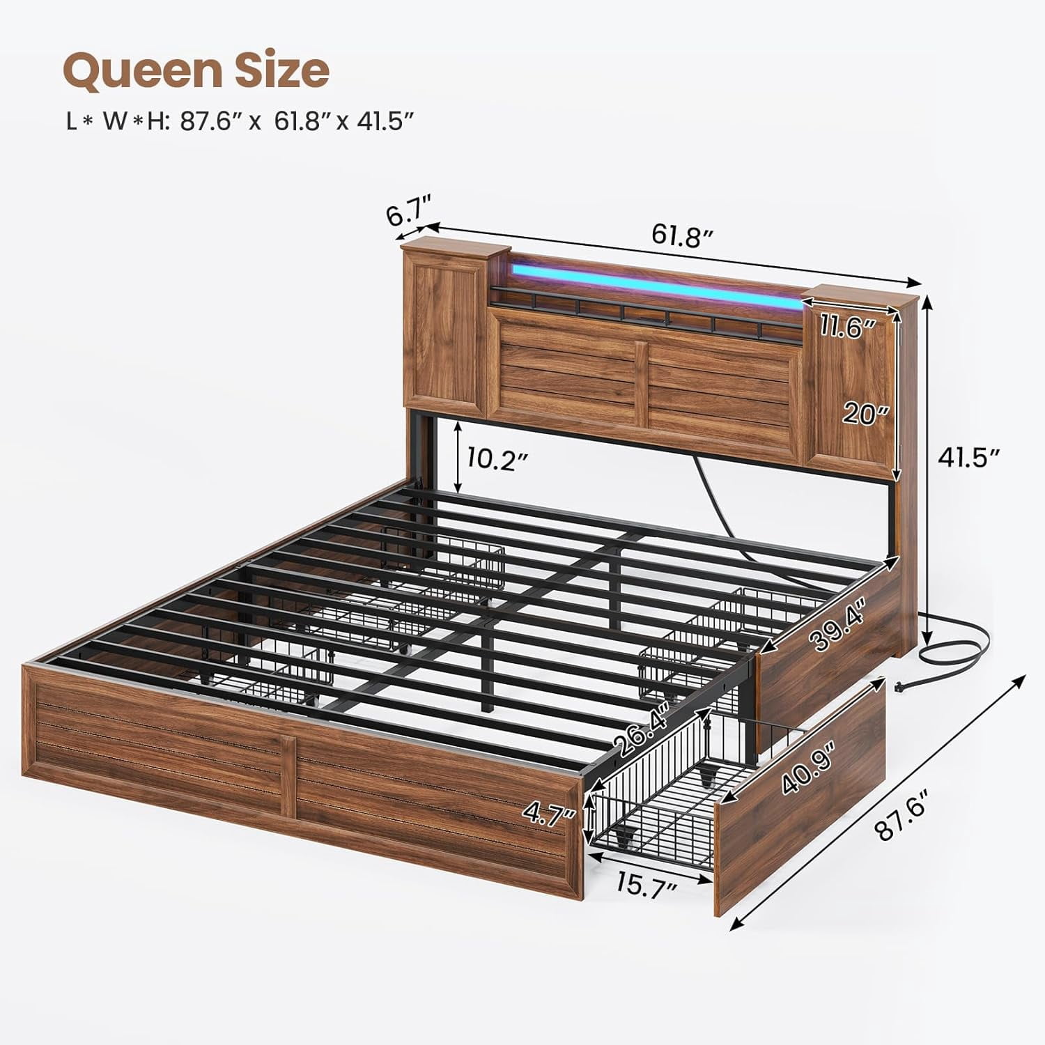 Farmhouse Bed Frame Queen Size with Headboard and Double Barn Door Storage Cabinets LED Rustic Wooden Bed with Charging Station and 4 Drawers Brown