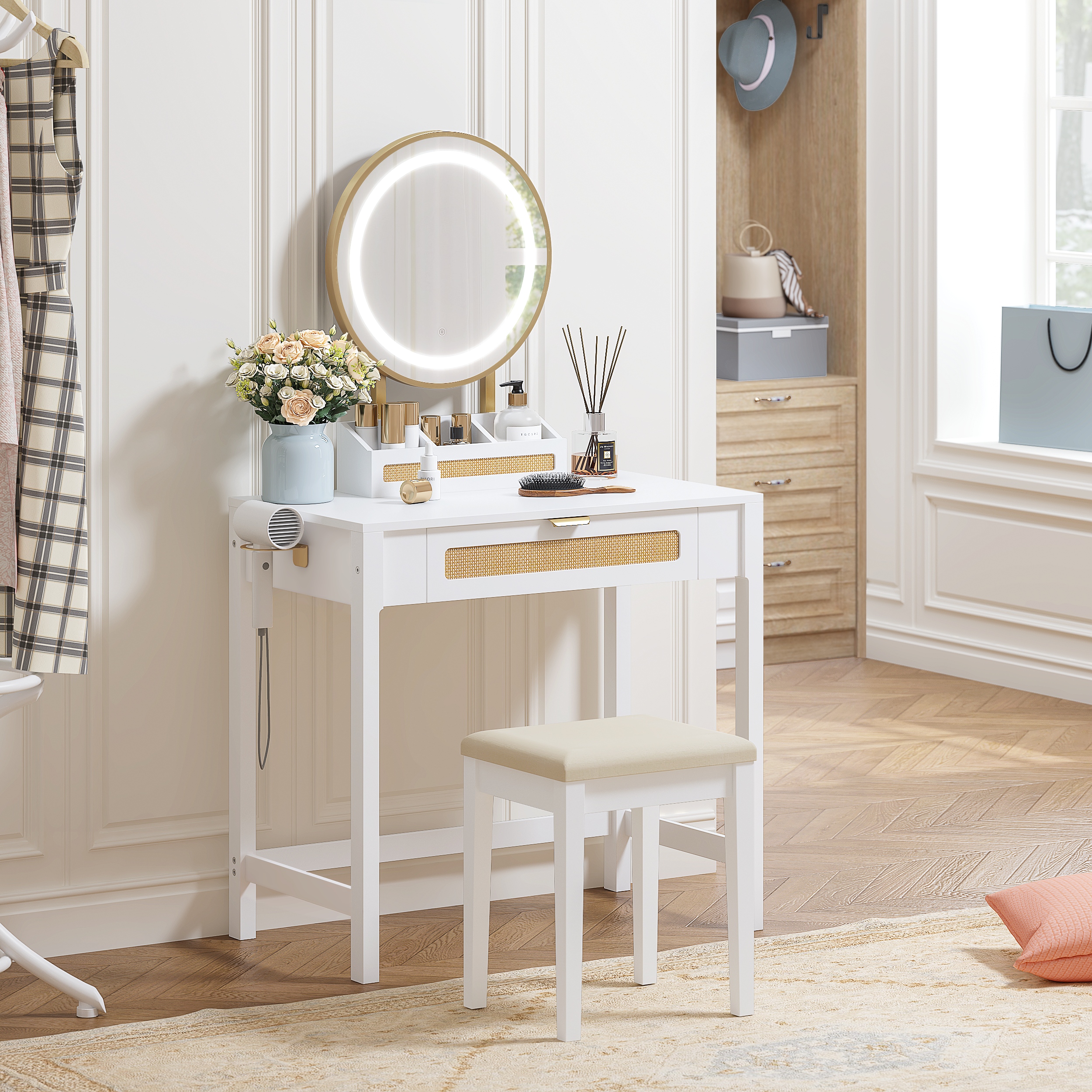 STAROUS Rattan Makeup Vanity Desk with Mirror and Lights, White Vanity Table with Drawers, Small Dressing Table with 3 Lighting Modes for Bedroom