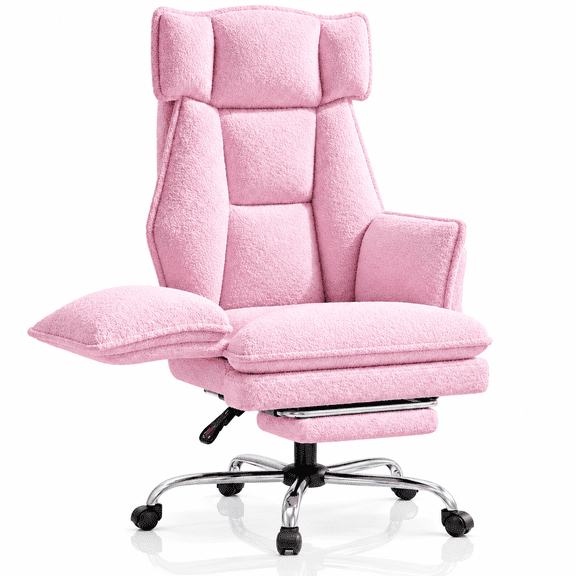 Mr IRONSTONE High Back Reclining Office Chair, Plush Teddy Fabric Desk Chair with Pull-Out Footrest and Flip-Up Arms for Home Office, Pink