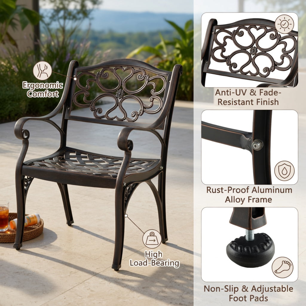 Hommoo 2-Pack Cast Aluminum Outdoor Dining Chairs with Armrests, Weather-Resistant Patio Chairs for Garden, Porch & Poolside, Bronze