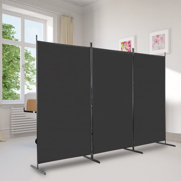 6FT Trifold Foldable Screen Black 130g Polyester Fabric & Carbon Steel Frame with Plastic Feet Privacy Divider for Indoor Office Family Room