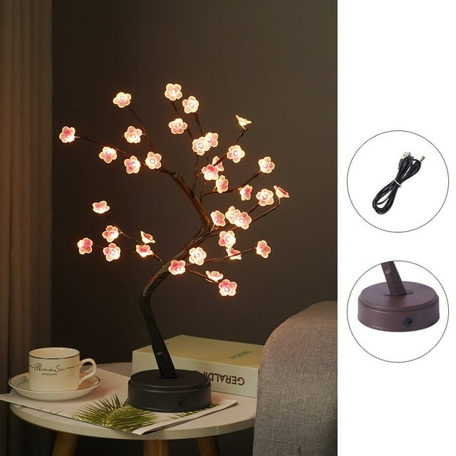 Veilleuse en Forme d'Arbre LED 1000lm Lampe de Table USB Décoration Maison Chambre 36LED Lumière Blanche Chaude Perle