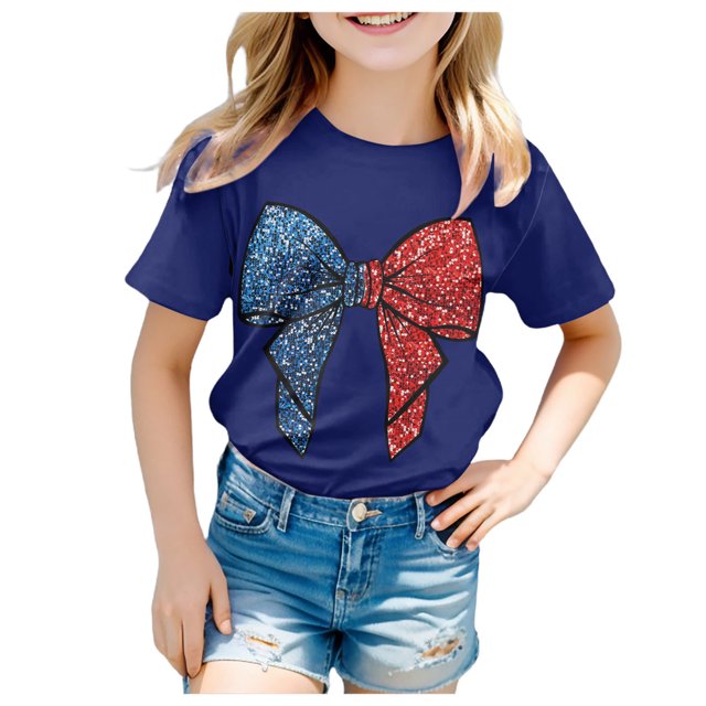 Chemises pour Tout-Petits Filles Manches Courtes Tee Été Col Rond T-Shirt Coupe Décontractée Basique Hauts pour Filles, Tees Bleu 4 Ans-5 Ans