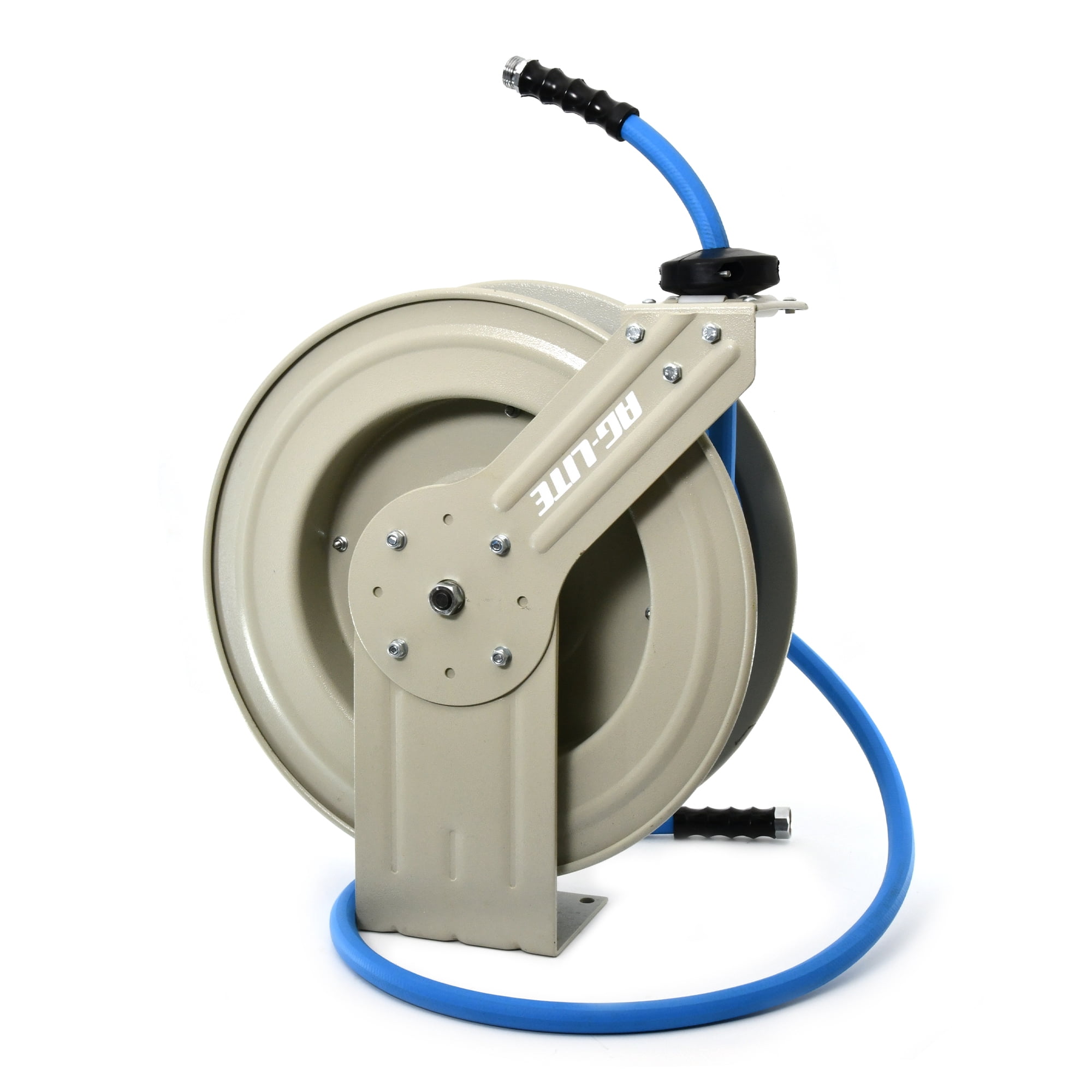 AG-Lite 5/8" x 50' Retractable Garden Hose Reel – Heavy-Duty Steel, Auto-Rewind, 500 PSI Rubber Hose, Multi Mount, Hot & Cold Water, Non-Kink - Cream