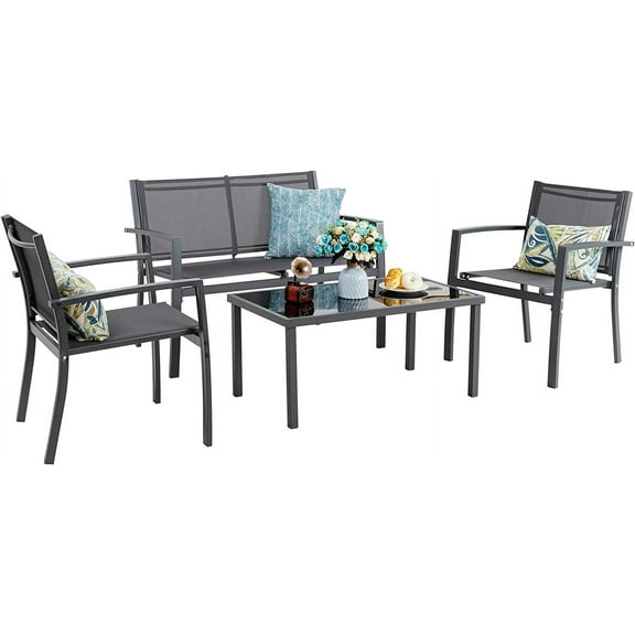 4 Pieces Patio Furniture Set, Outdoor Patio Conversation Sets, Small Porch Balcony Furniture on Clearance, 4 Piece Patio Set for Deck, Garden, Backyard (Grey)