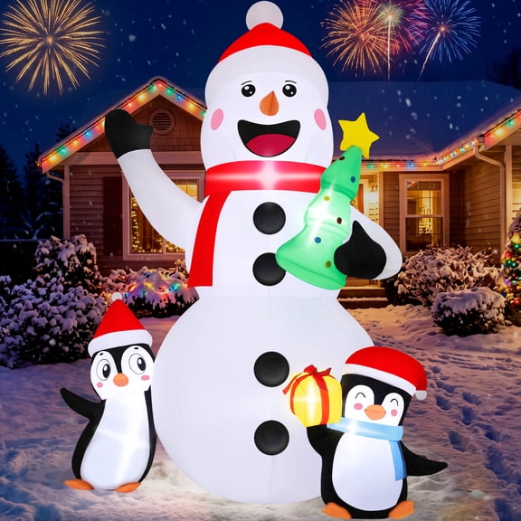 Firstness 6ft Christmas Inflatables, Snowmen Penguin Christmas Tree Gift Box with LED Lights Xmas Blow ups for Outdoor Yard Party Decorations
