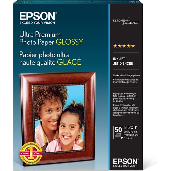 Epson Ultra-Premium Glossy Photo Paper, 11.1" x	8.7" x 0.6", 50 Sheets/Pack, White