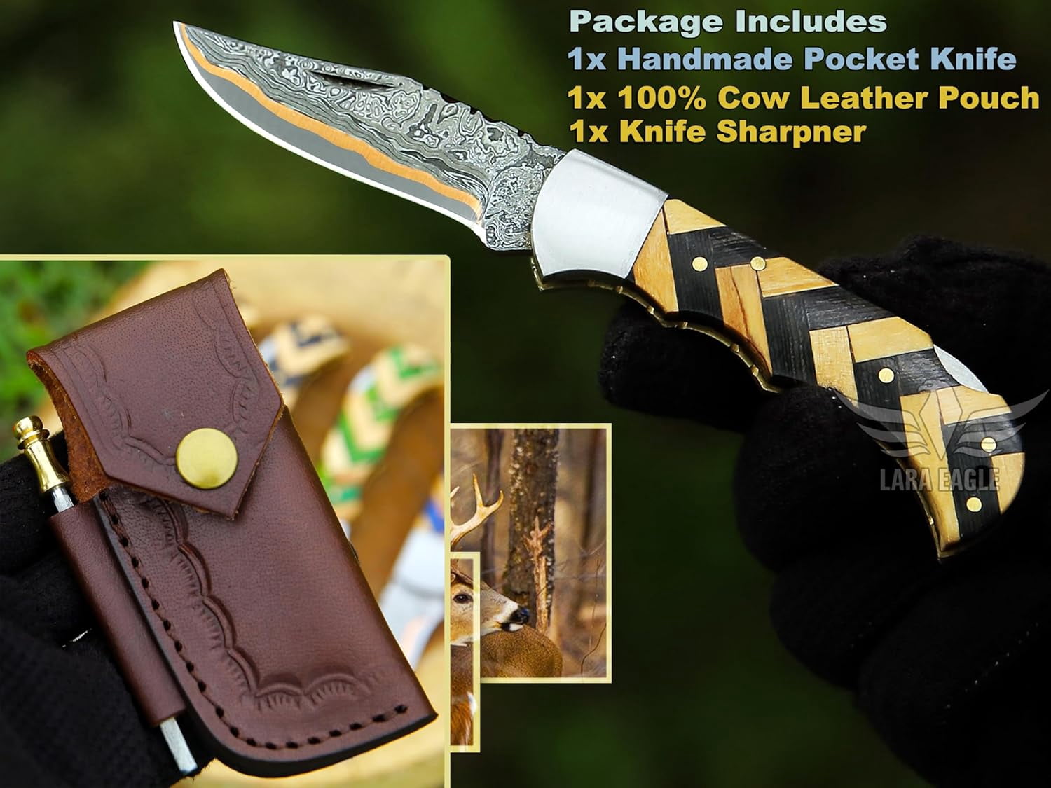 Copper Damascus Pocket Knife – Olive & Black Handle, Folding Tactical Hunting Knife with Sheath & Sharpener – Perfect for Outdoor Use
