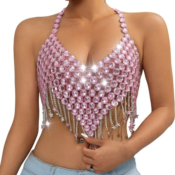 Halter Metallic Chain Tank Top for Women Sequins Deep V Neck Backless Cropped Top Nightclub Sparkly Rave Outfits Elegant Fashion Crop Tops Trendy Dressy Outfit for Party Evening Cocktail