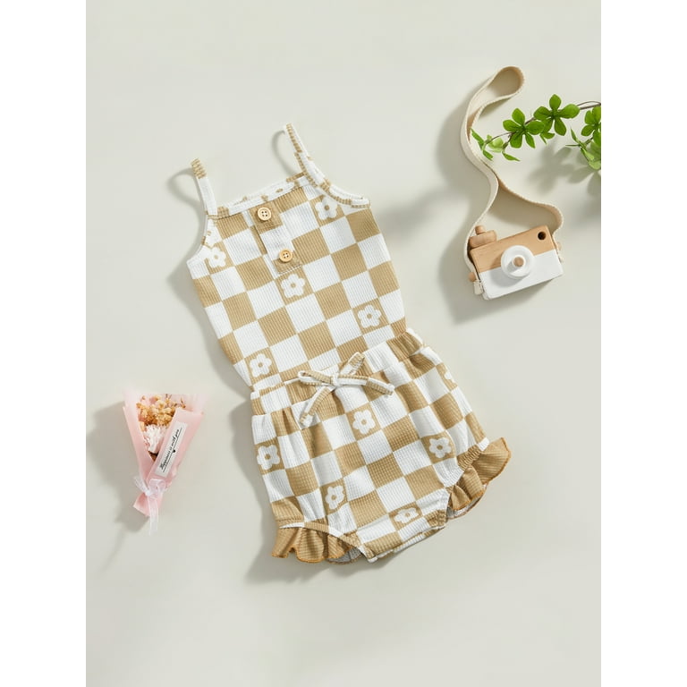 Genuiskids Baby Girl Summer Rompers Set Checkerboard Floral Print