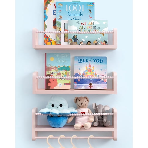 Nursery Book Shelves, Set of 3 Kids Bookshelves Natural Wood Wall Mount Organizer with Towel Bar Hanging Nursery Decor for Kids Room, Playroom, Bedroom and Kitchen, Pink