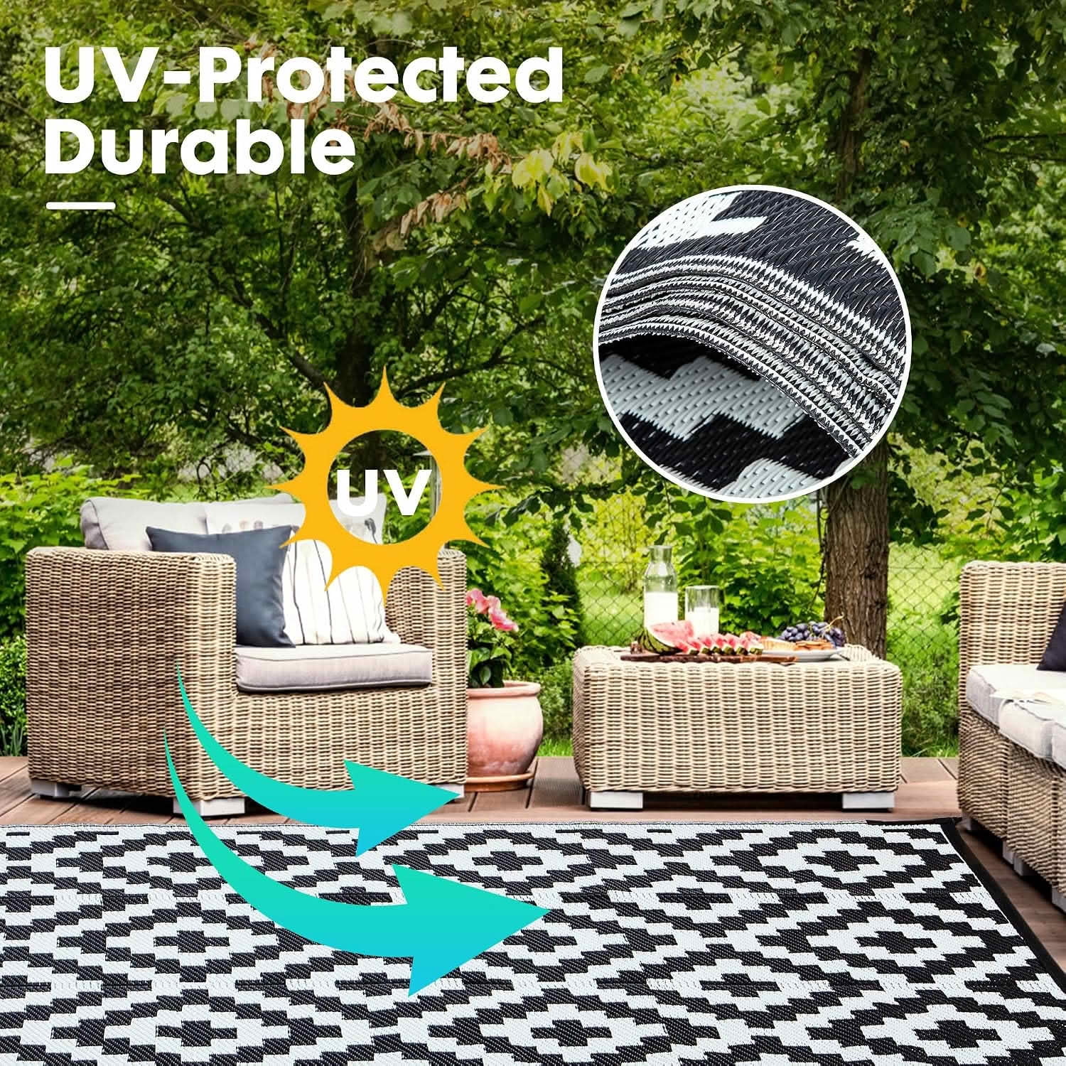 MAYEERTY 9x12 FT Plastic Straw Outdoor Patio Rug, Reversible Diamond Pattern Floor Mat Black and White, Waterproof UV Resistant Large RV Rug for Backyard Deck Beach Camping Picnic Trailer