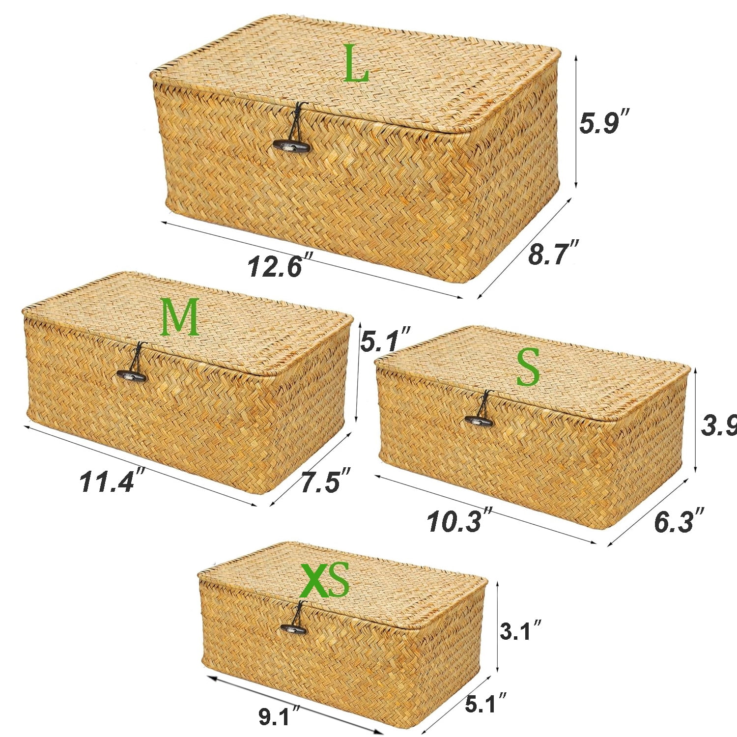 GoXteam Shelf Baskets with Lid Set of 3, Handwoven Seagrass Storage Bins Box Rectangular Seagrass Basket Storage Organizer Wicker Basket for Shelf