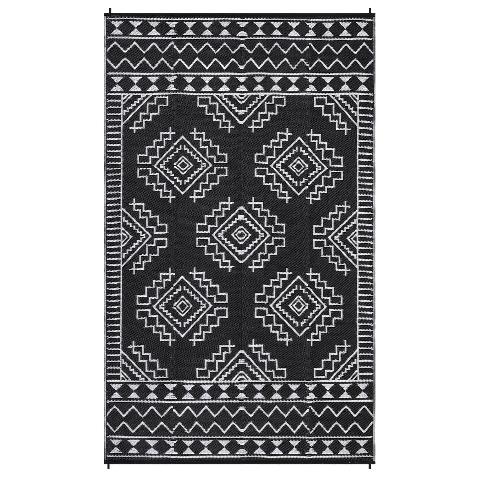 Nanan 8'x10' Outdoor Rug Geometric Waterproof Plastic Straw Rug, Reversible Portable Camping Rug for Patio Balcony Deck Backyard, Black White