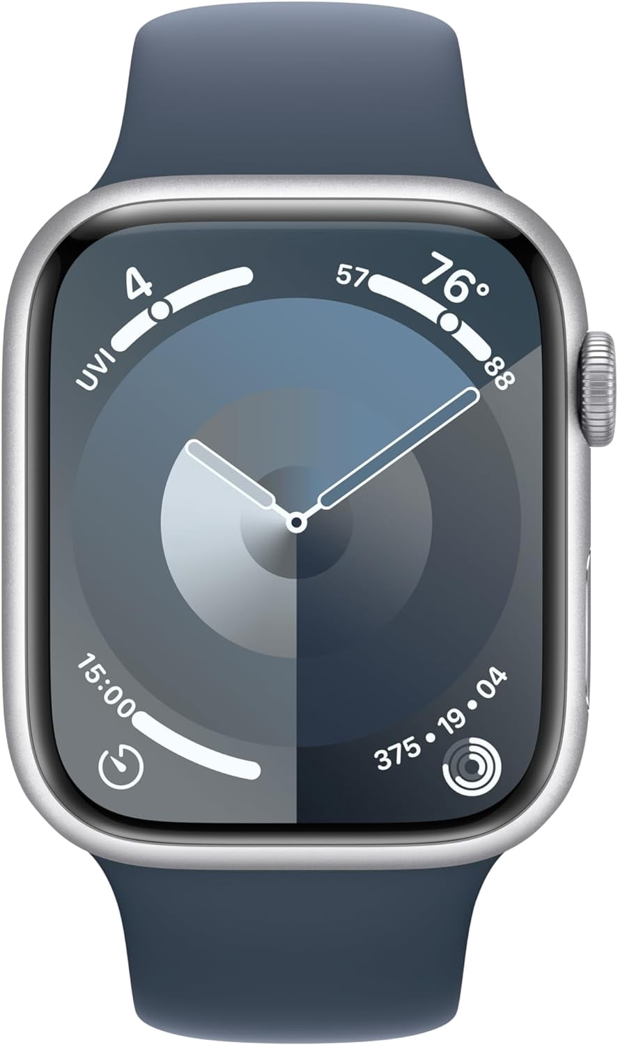 Pre-Owned Apple Watch Series 9 With Blood Oxygen. GPS + Cellular 45mm Aluminum Case with Storm Blue Sport Band - M/L. - Silver (Good)