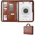 thumbnail image 1 of A4 Portfolio With Handle, Multifunctional Organizer Zipped Folder A4 Document Holder Business Diary For Office Pu Leather - Brown, 1 of 5