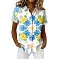 thumbnail image 2 of Women Hawaiian Aloha Luau Shirt Floral Tropic Print Short Sleeve Button Up Summer Party Tops Yellow M, 2 of 5