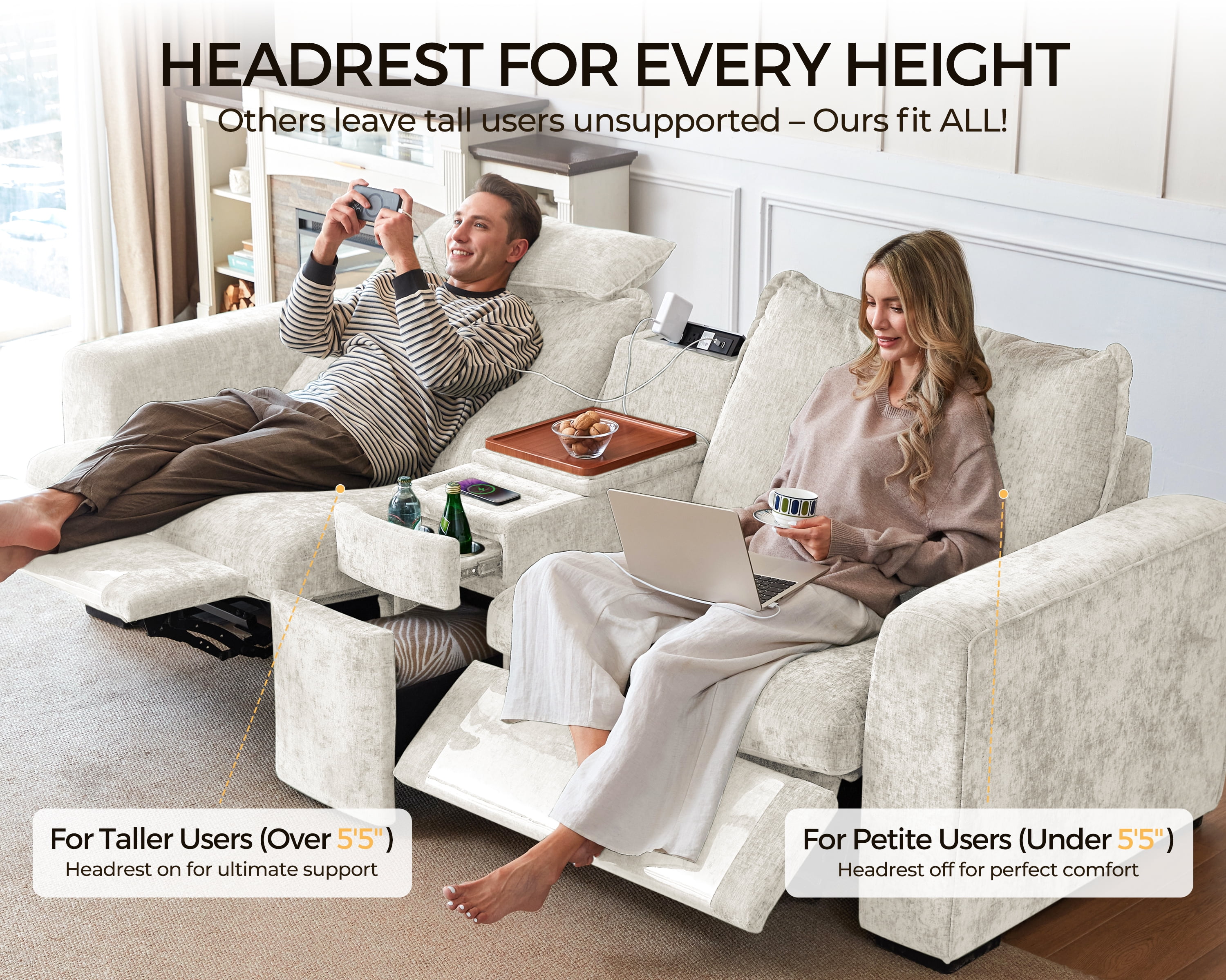 BEDEEP Chenille Power Recliner, White