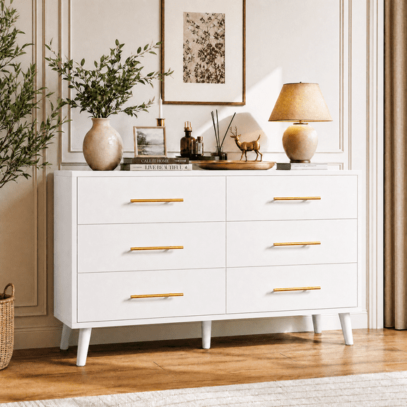 Asofer 6-Drawer Dresser with Golden Metal Handle,Wooden Chest of Drawers for Bedroom, Living Room, Hallway, Entryway,White