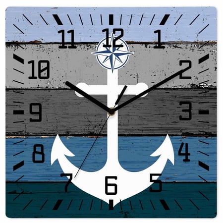 Blue Nautical Anchor Wooden Wall Clock Silent Non Ticking, Rustic Distressed Wood Grain Square Wall Clocks Battery Operated, Decor Clock for Home Office, Living Room, Kitchen, 12 Inch