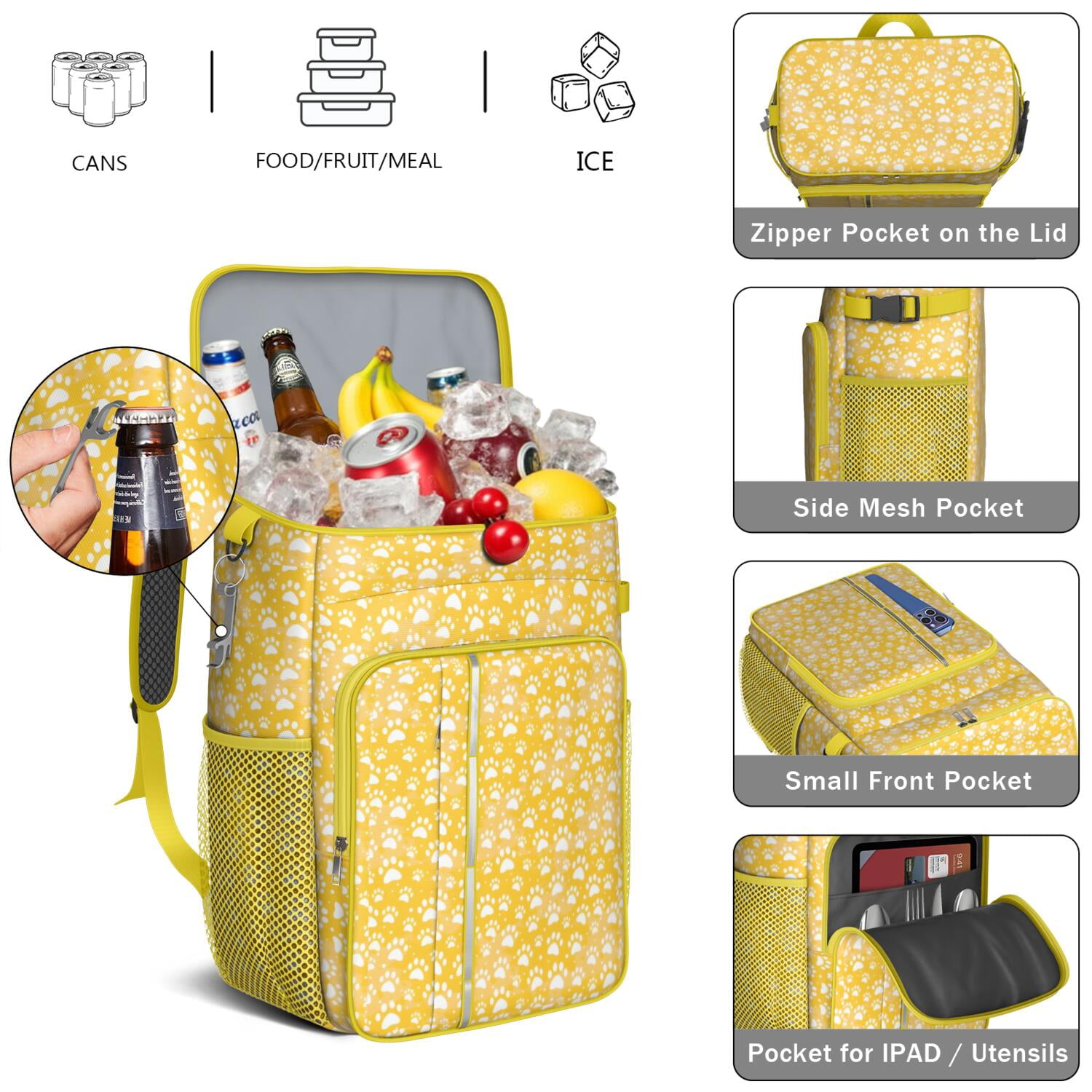 Travel Cooler Bag - Yellow Dog Paw Footprint Camping Beer Cooler Backpack with Bottle Opener- Waterproof Insulated Picnic Backpacks - Cooler Bag for Beach