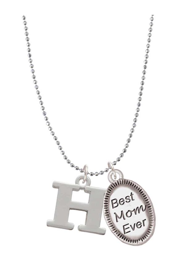 Silvertone Large Initial - H - Best Mom Ever Charm Necklace