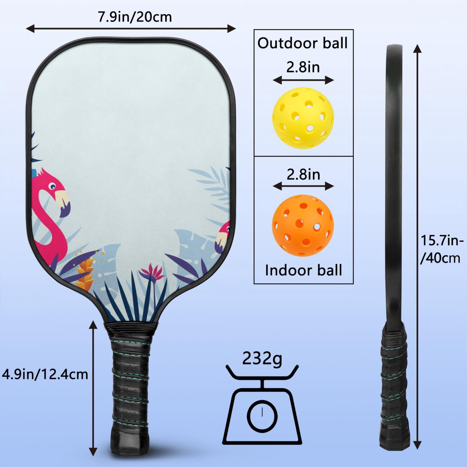 Pickleball Paddles Set Of 2, Fiberglass Surface, Tropical Jungle Print, 4 Balls & Bag