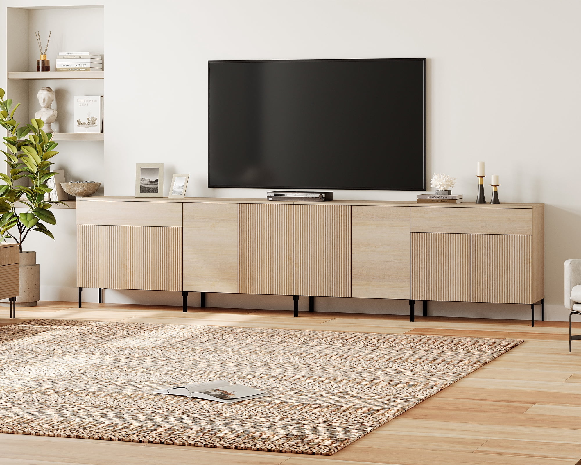 126" Long Modern Reeded Dresser TV Stand with Adjustable Sheves, Entertainment Center with Drawers, Wooden TV Console with Storage for Living Room