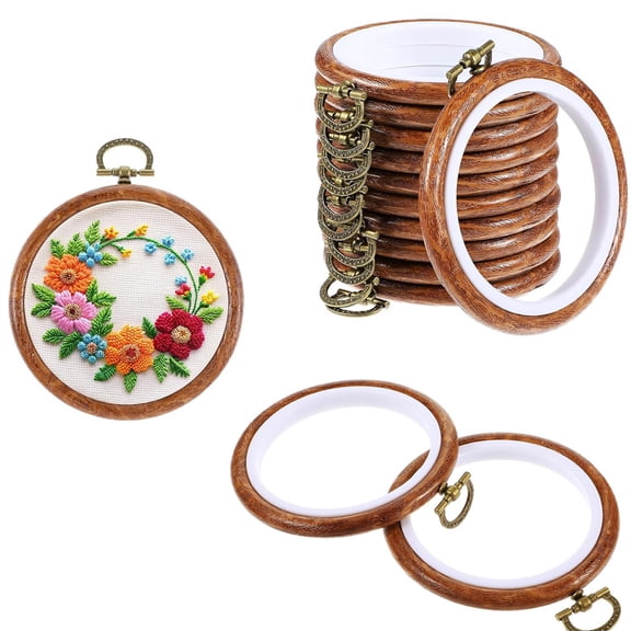 Triani 10Pcs Wood Embroidery Hoop Frame Set 4 Inch Round Embroidery Hoops Imitated Wood Cross Stitch Hoop for Finished Cross Stitch or DIY Art Craft Sewing Ornaments