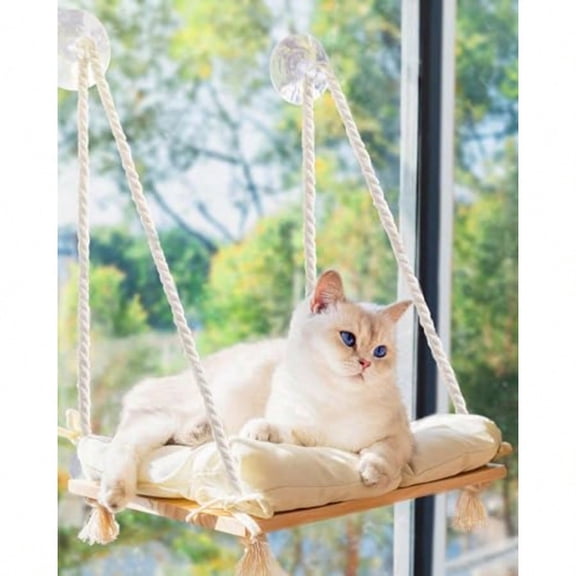 Cat Window Perch Hammock Bed For Cats Inside Solid Wood Seat 4 Strong Suction Cups Soft Cushion Rustic Indoor Pet Shelf