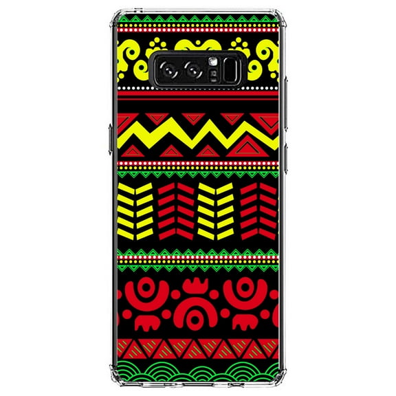 DistinctInk Clear Shockproof Hybrid Case for Samsung Galaxy Note 8 - TPU Bumper, Acrylic Back, Tempered Glass Screen Protector - Black Yellow Red Aztec Tribal