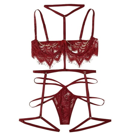 

EHTMSAK Lingerie Set for Women Eyelash Sexy Lingerie Lace Babydoll Halter with Garter Bra and Panty Set 3 Piece Wine M