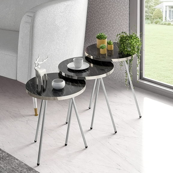 Set of 3 Nesting END Tables - Round Stacking Coffee Side Tables for Small Spaces,Nightstand Bedside Table for Living Room, Bedroom, Living Room, Balcony, NO-Tools Assembly (Black Marble/Silver)