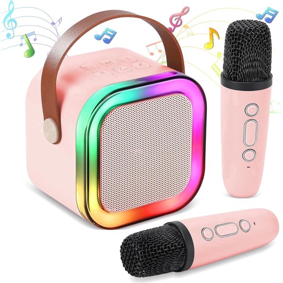 RUNJIG Mini Portable Bluetooth Karaoke Machine Pink 2 Wireless Microphones Lights 1-Count 3.54 x 3.54 x 2.76 in