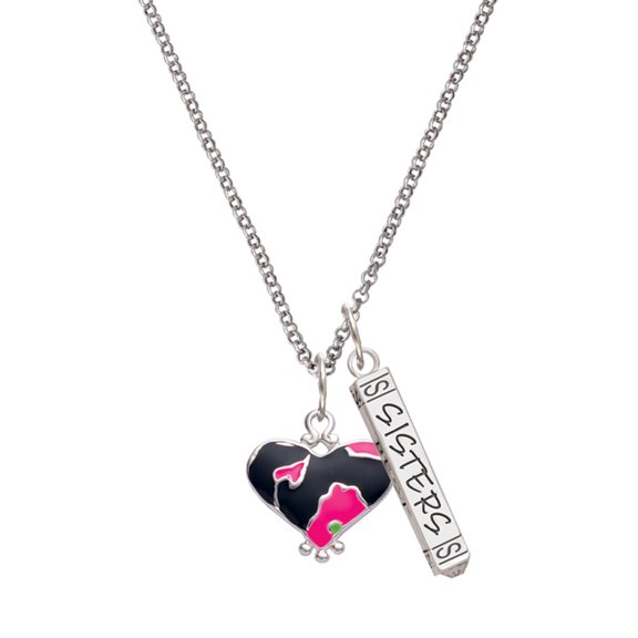 Delight Jewelry Silvertone Hot Pink Large Cheetah Print Heart Silvertone Sisters Best Friends Forever Bar Charm Necklace, 23"
