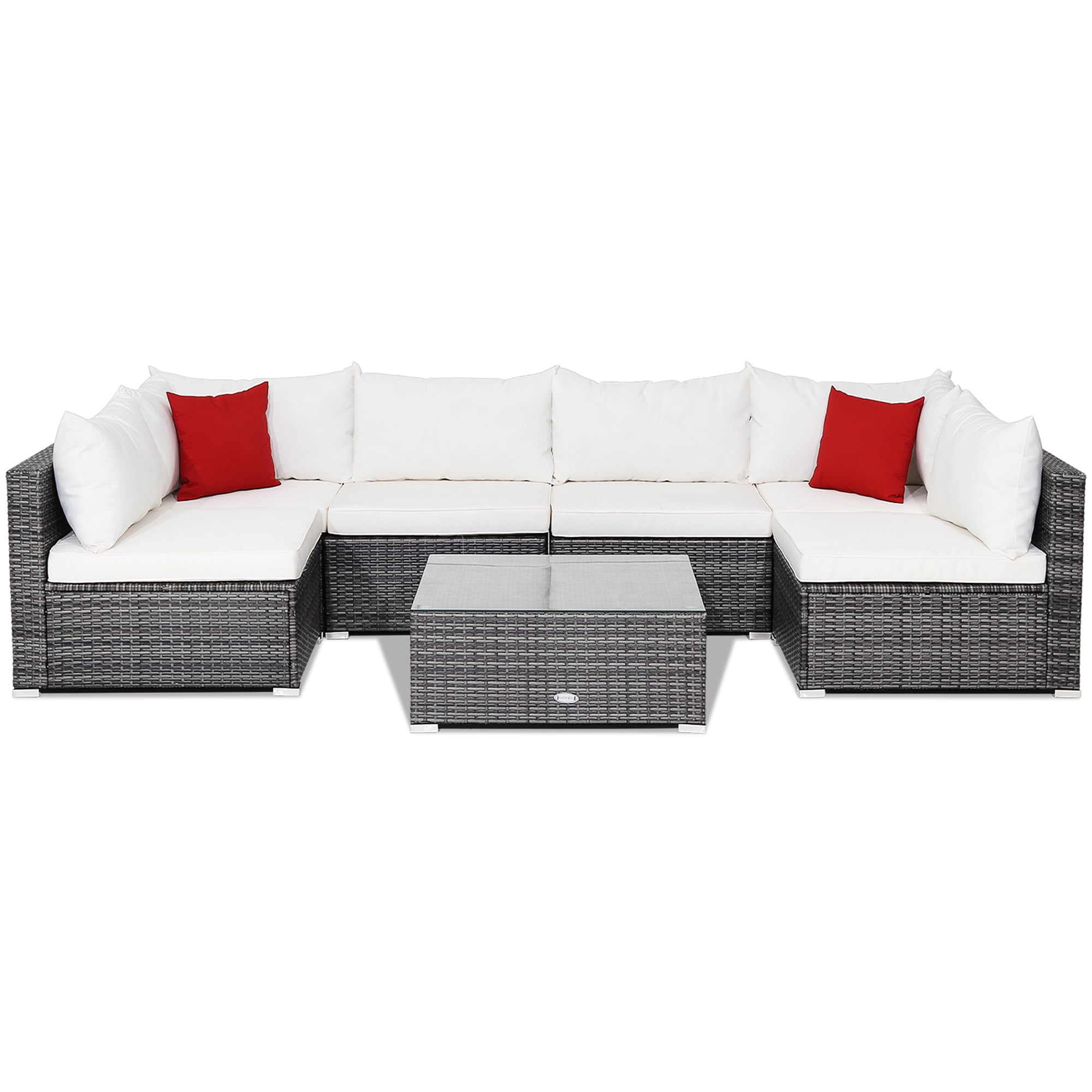 Gymax 7PCS Patio Rattan Sectional Sofa Set Outdoor Furniture Set w/ Off White Cushions