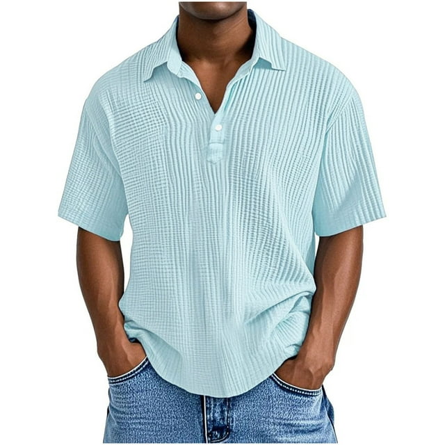Dagugfen Tops for Men Plus Size Button Lapel V Neck Loose Solid Color Casual Work Short Sleeve Tee Shirts